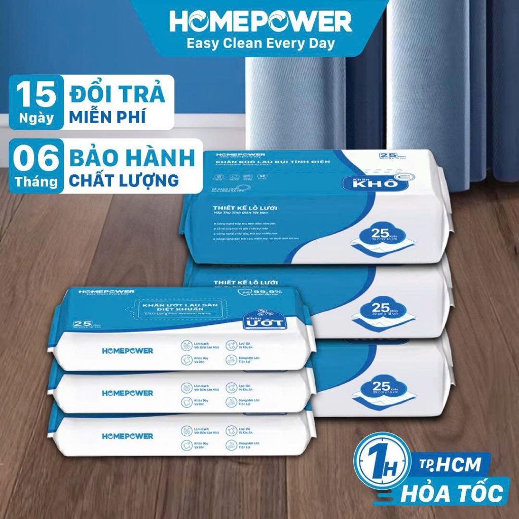 Combo 6 bịch khăn lau sàn sử dụng 1 lần kích thước 39x18cm cho cây lau kẹp khăn CS-03, DS-02 Homepower