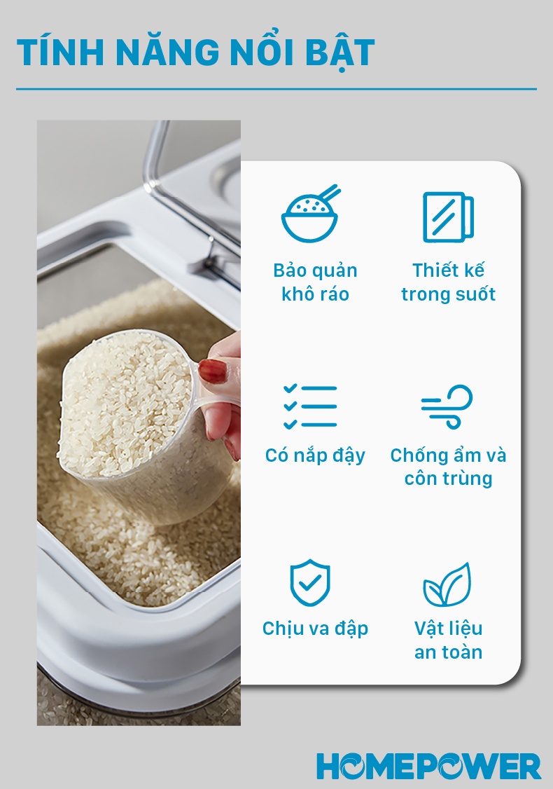 Thùng Đựng Gạo Nắp Lật Thông Minh Homepower HDG-T - ảnh mô tả 2