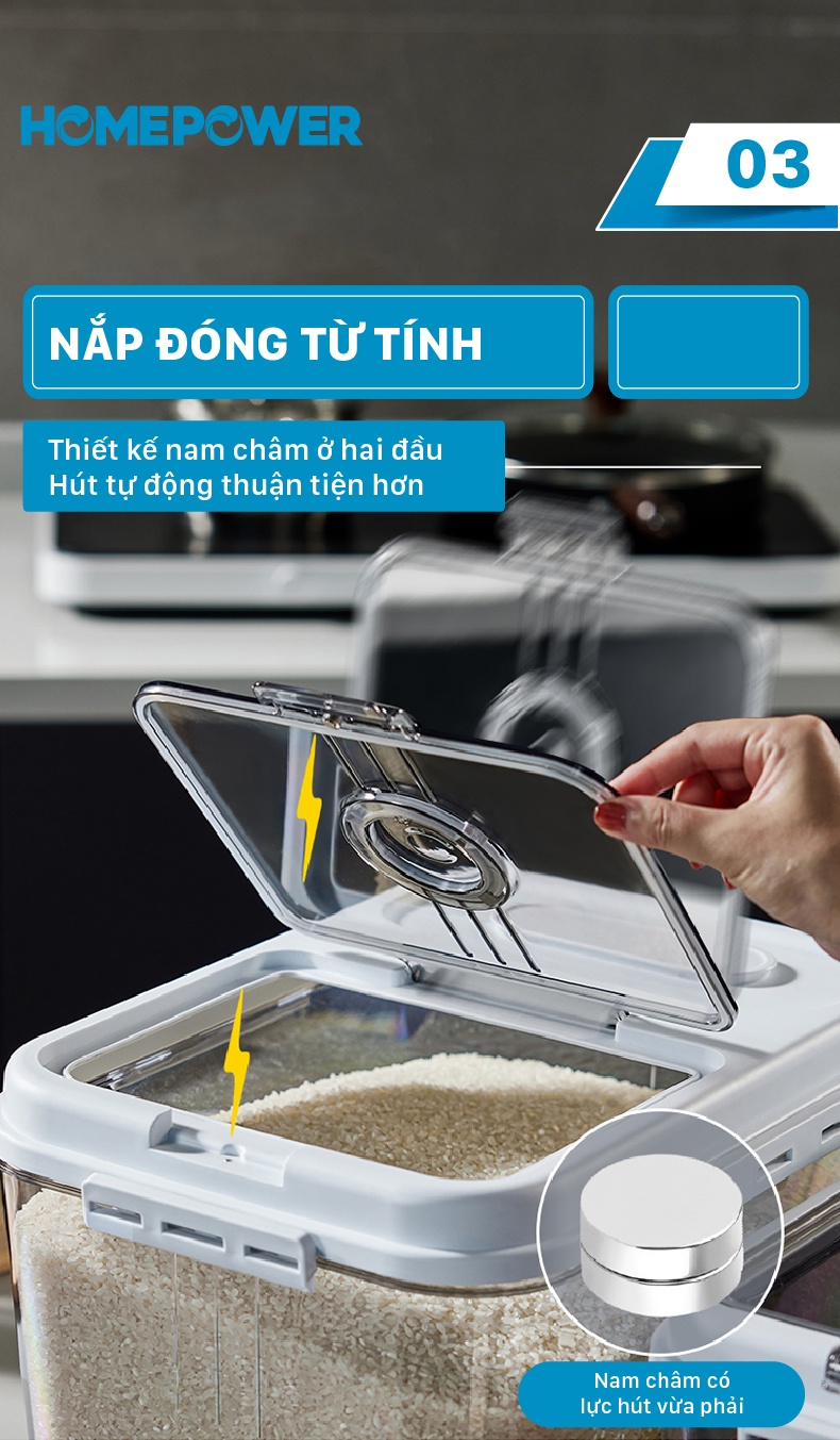 Thùng Đựng Gạo Nắp Lật Thông Minh Homepower HDG-T - ảnh mô tả 5