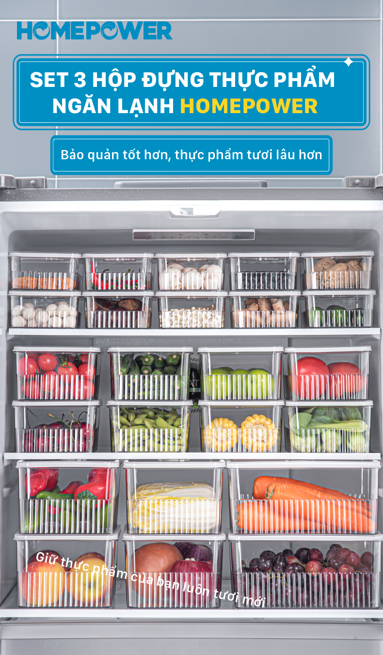 Set 3 Hộp Nhựa Đựng Thực Phẩm Ngăn Đá Tủ Lạnh Homepower - Có Vòng Ghi Chú Thời Gian Thông Minh - ảnh mô tả 1