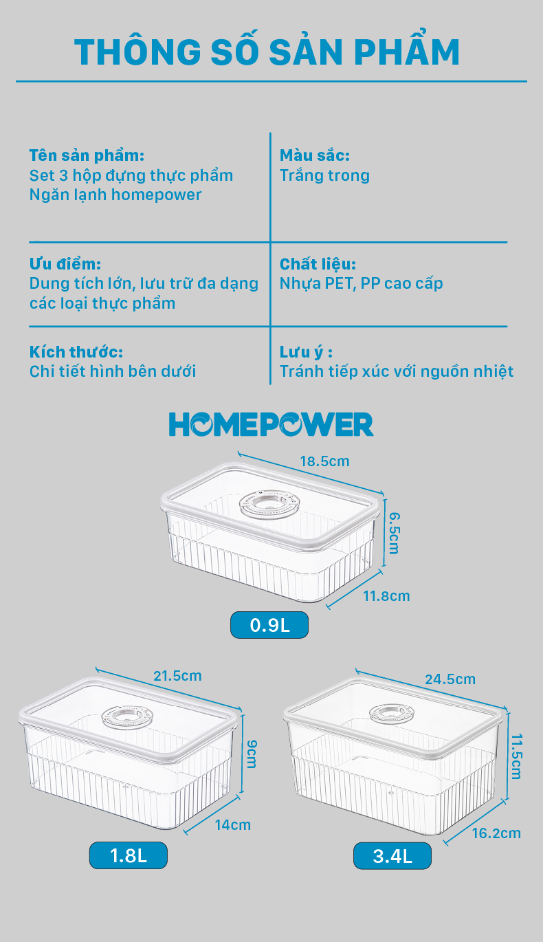 Set 3 Hộp Nhựa Đựng Thực Phẩm Ngăn Đá Tủ Lạnh Homepower - Có Vòng Ghi Chú Thời Gian Thông Minh - ảnh mô tả 12