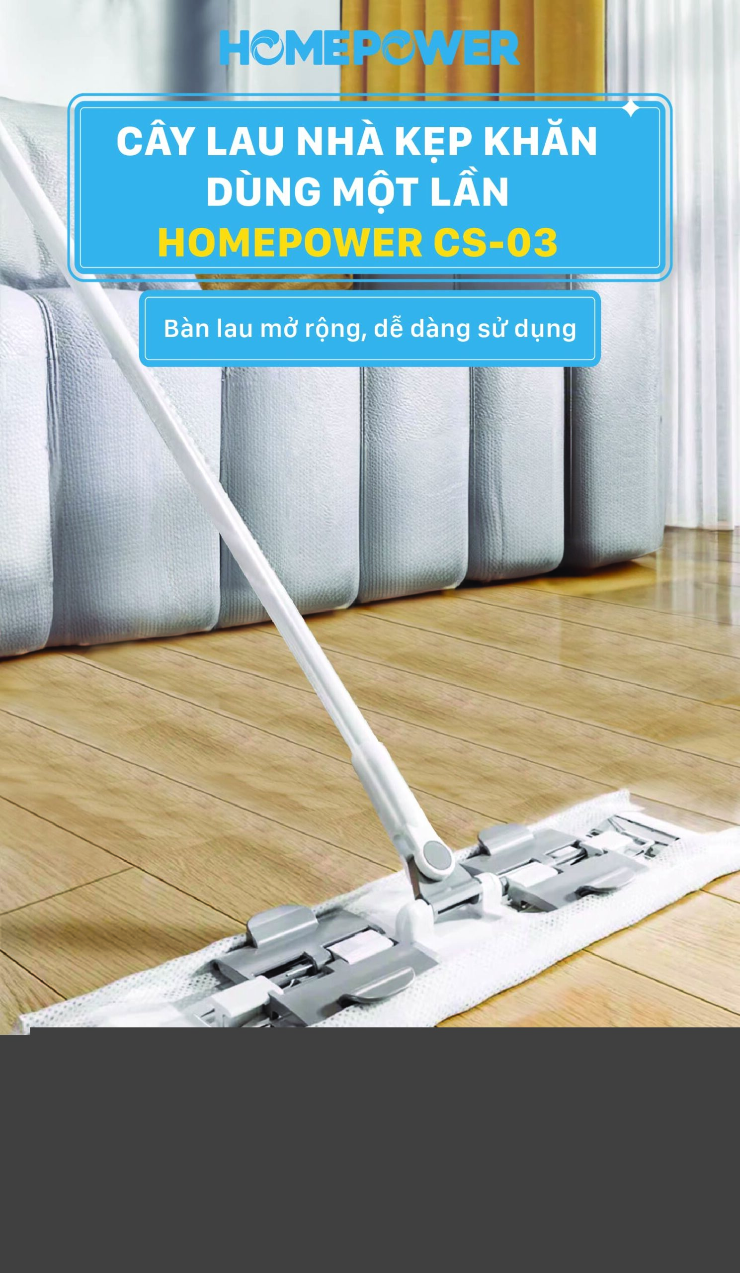 Cây Lau Nhà Kẹp Khăn Thay Thế Bản Nâng Cấp 36cm CS-03 Homepower Dùng Khăn Vải,Khô, Ướt Sử Dụng 1 Lần - ảnh mô tả 1