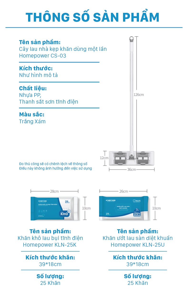 Cây Lau Nhà Kẹp Khăn Thay Thế Bản Nâng Cấp 36cm CS-03 Homepower Dùng Khăn Vải,Khô, Ướt Sử Dụng 1 Lần - ảnh mô tả 9