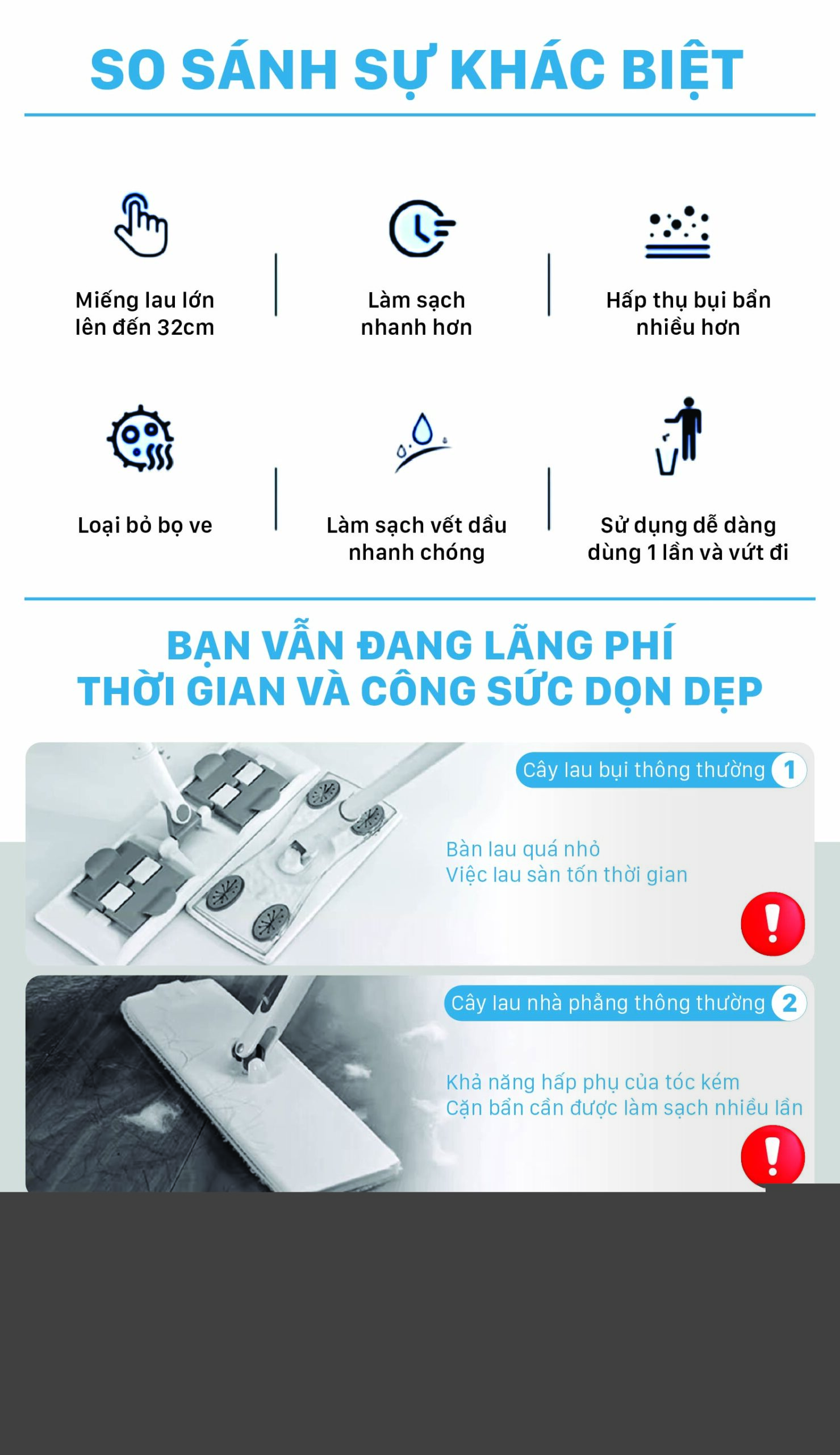 Cây Lau Nhà Kẹp Khăn Thay Thế Bản Nâng Cấp 36cm CS-03 Homepower Dùng Khăn Vải,Khô, Ướt Sử Dụng 1 Lần - ảnh mô tả 2