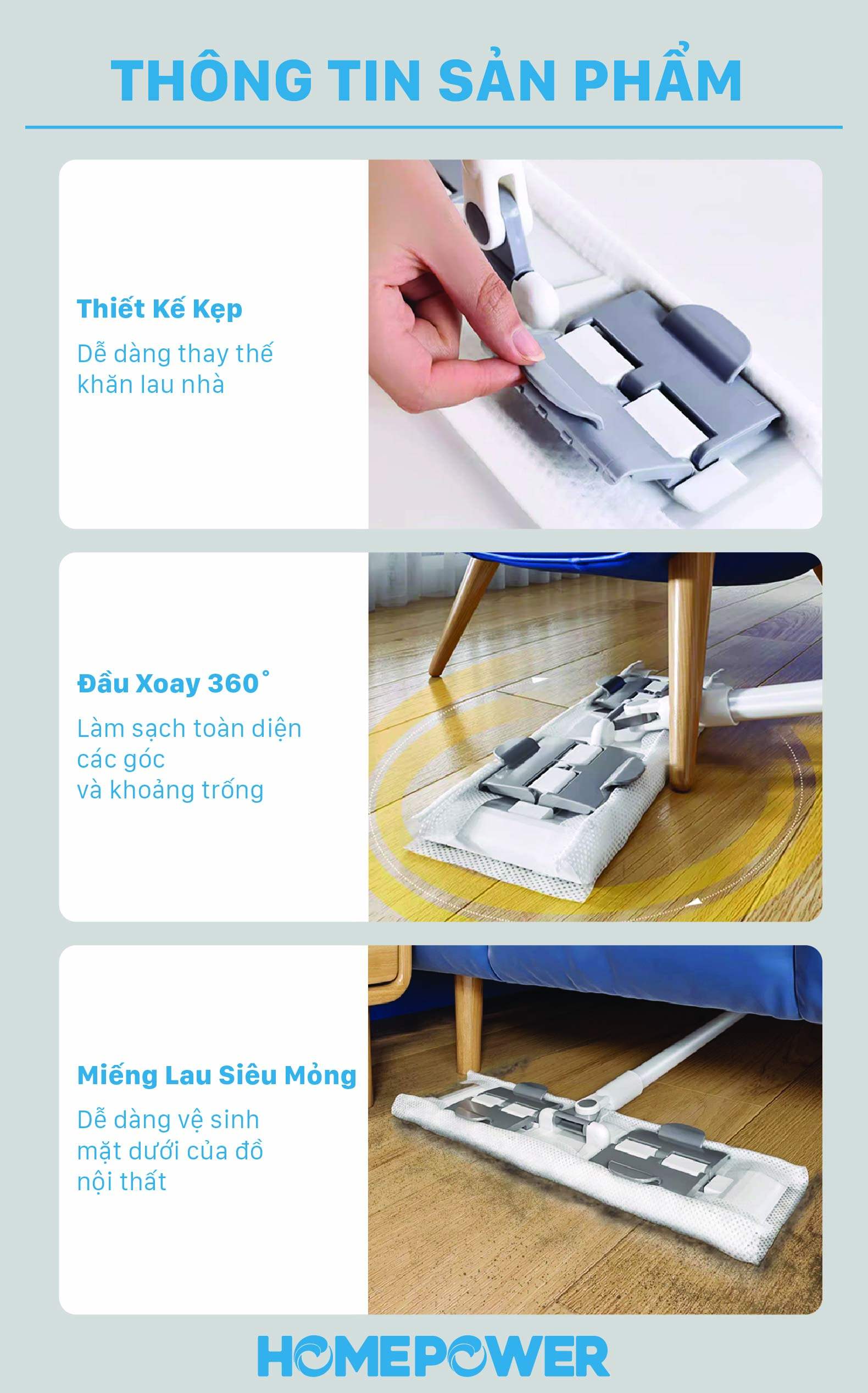 Cây Lau Nhà Kẹp Khăn Thay Thế Bản Nâng Cấp 36cm CS-03 Homepower Dùng Khăn Vải,Khô, Ướt Sử Dụng 1 Lần - ảnh mô tả 8