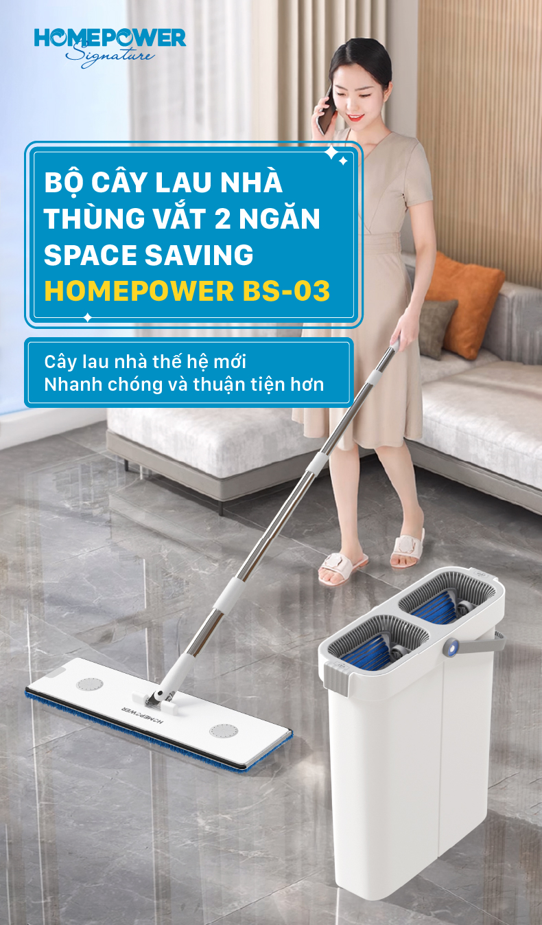 Bộ Cây Lau Nhà Tự Vắt Homepower BS-03, Chổi Lau Nhà 360 Độ Siêu Mỏng 4 Hệ Thống Làm Sạch Mới - ảnh mô tả 1