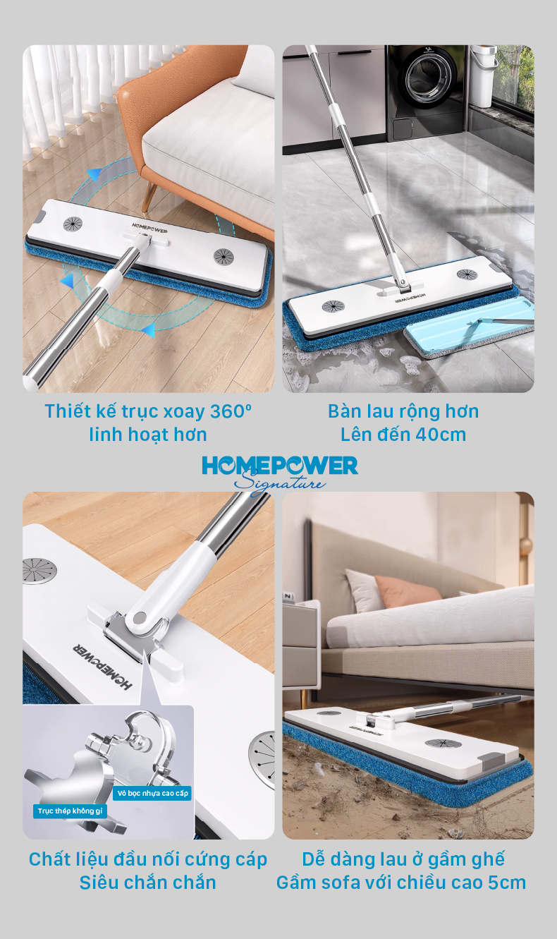 Bộ Cây Lau Nhà Tự Vắt Homepower BS-03, Chổi Lau Nhà 360 Độ Siêu Mỏng 4 Hệ Thống Làm Sạch Mới - ảnh mô tả 4