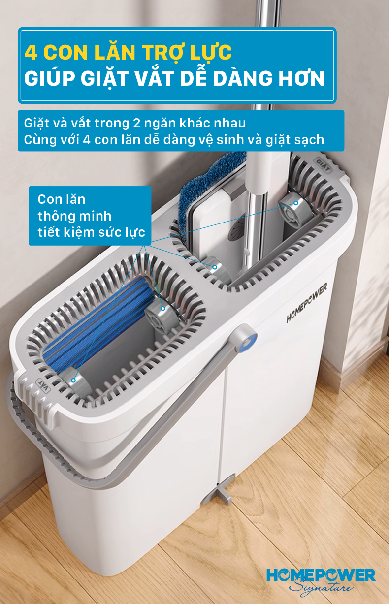 Bộ Cây Lau Nhà Tự Vắt Homepower BS-03, Chổi Lau Nhà 360 Độ Siêu Mỏng 4 Hệ Thống Làm Sạch Mới - ảnh mô tả 5
