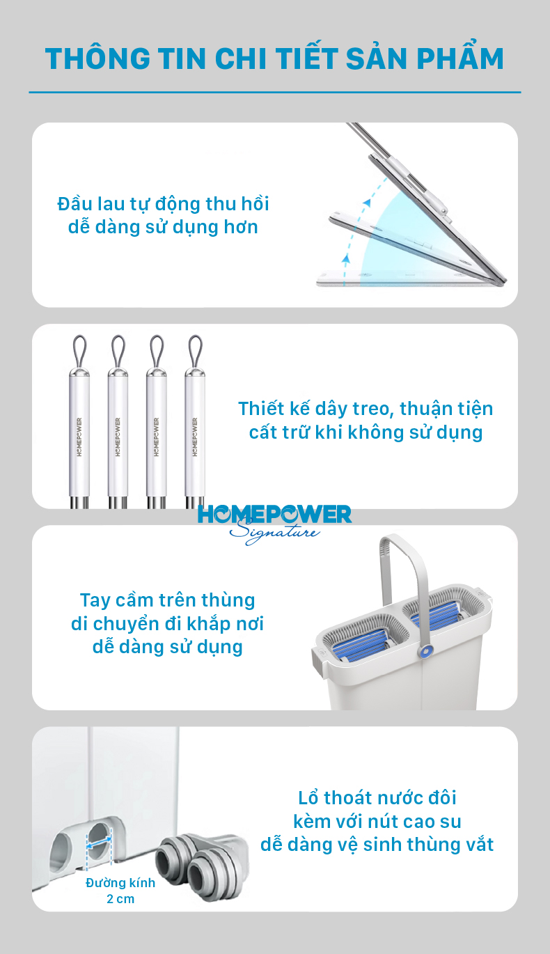 Bộ Cây Lau Nhà Tự Vắt Homepower BS-03, Chổi Lau Nhà 360 Độ Siêu Mỏng 4 Hệ Thống Làm Sạch Mới - ảnh mô tả 8