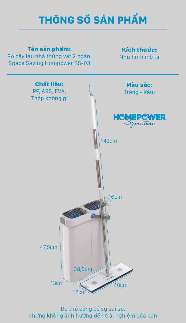Bộ Cây Lau Nhà Tự Vắt Homepower BS-03, Chổi Lau Nhà 360 Độ Siêu Mỏng 4 Hệ Thống Làm Sạch Mới - ảnh mô tả 9