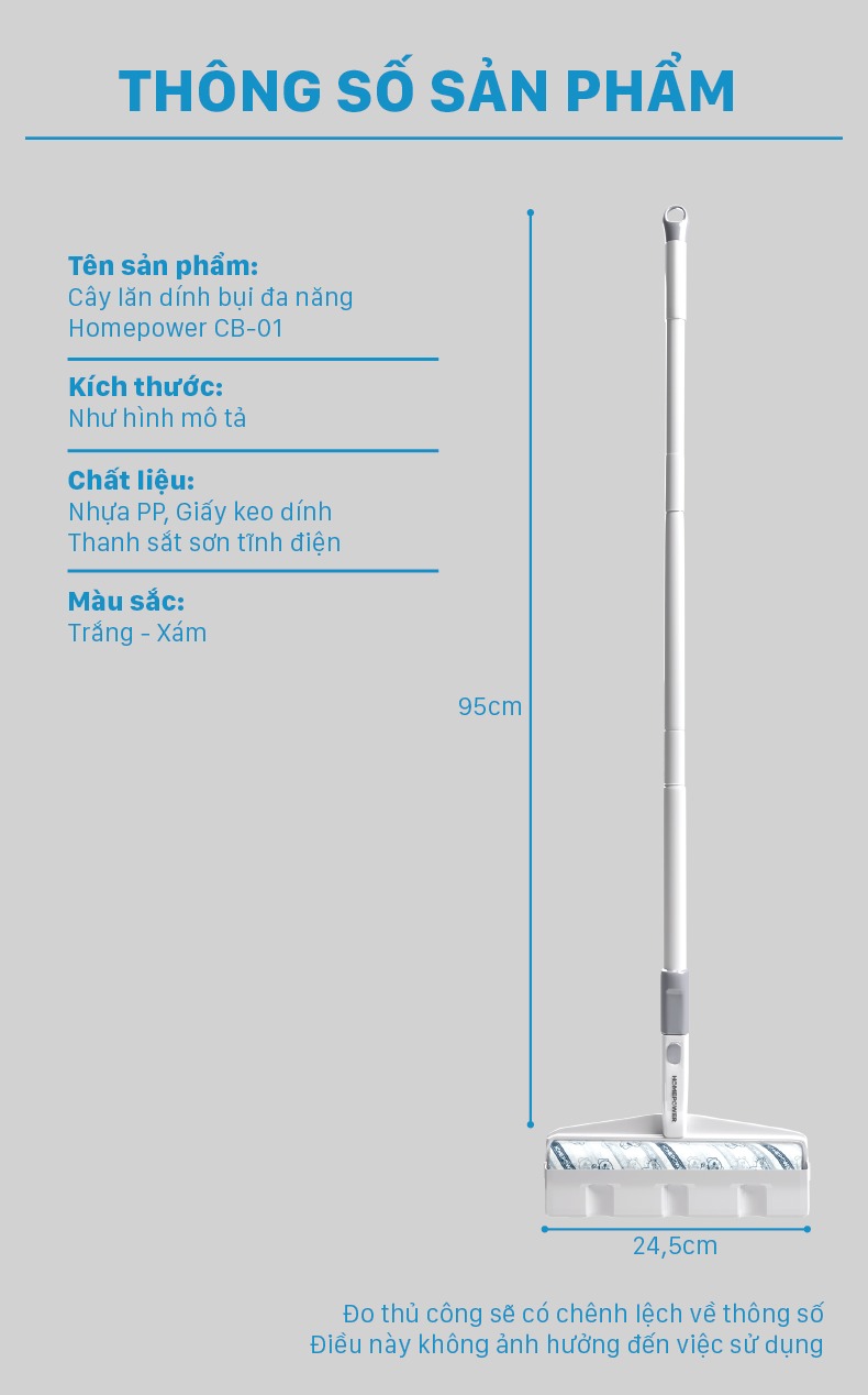 Cây lăn bụi sàn nhà 24cm cán dài CB-01 Homepower 60 tờ/cuộn - Keo siêu dính, kích thước lớn - ảnh mô tả 1