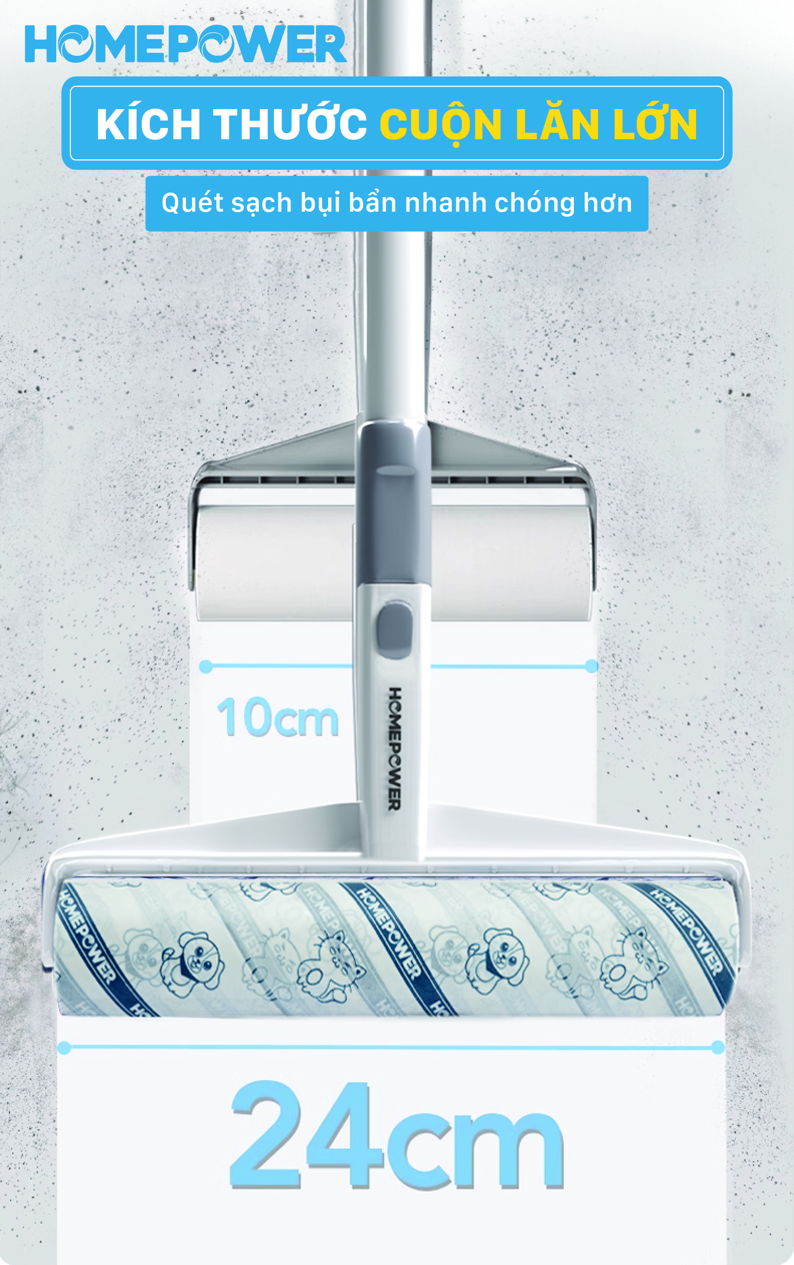 Cây lăn bụi sàn nhà 24cm cán dài CB-01 Homepower 60 tờ/cuộn - Keo siêu dính, kích thước lớn - ảnh mô tả 10