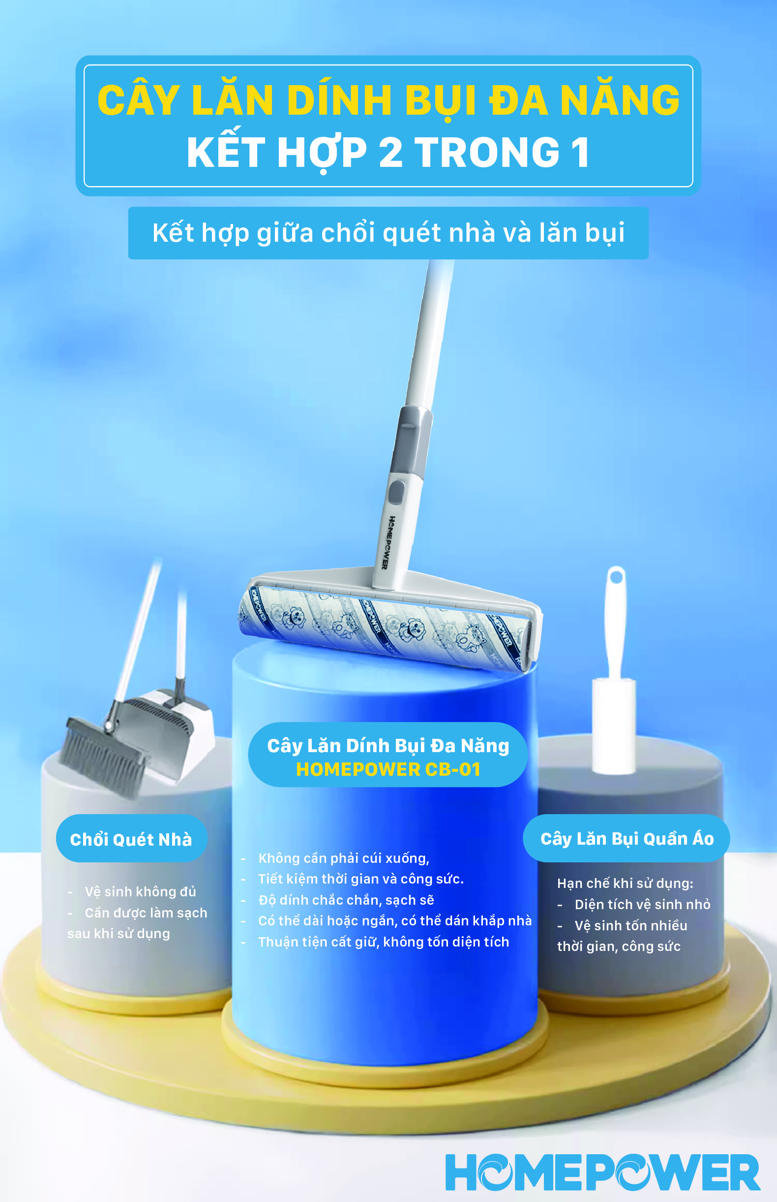 Cây lăn bụi sàn nhà 24cm cán dài CB-01 Homepower 60 tờ/cuộn - Keo siêu dính, kích thước lớn - ảnh mô tả 5