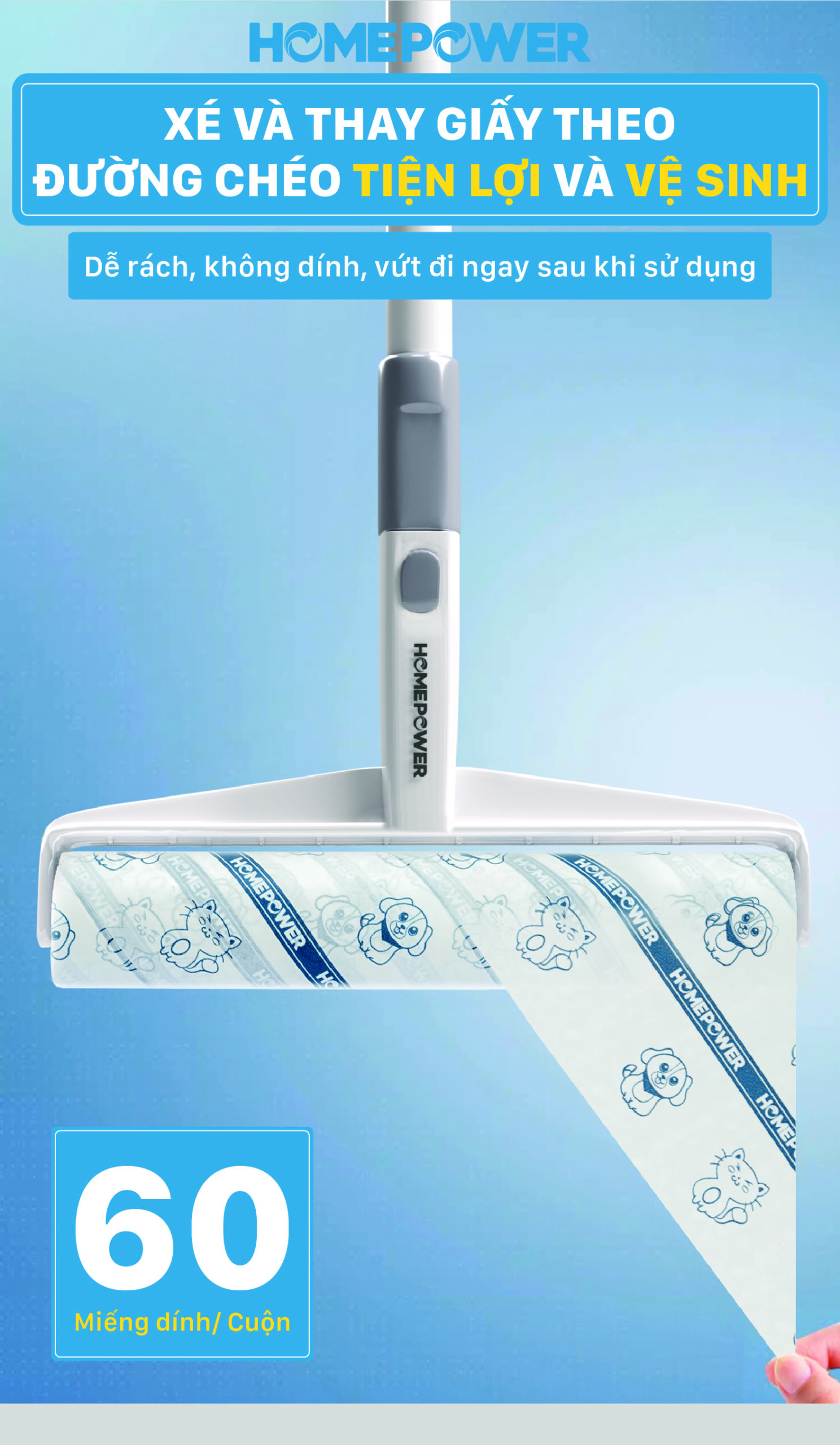 Cây lăn bụi sàn nhà 24cm cán dài CB-01 Homepower 60 tờ/cuộn - Keo siêu dính, kích thước lớn - ảnh mô tả 6