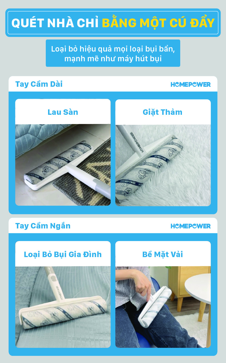 Cây lăn bụi sàn nhà 24cm cán dài CB-01 Homepower 60 tờ/cuộn - Keo siêu dính, kích thước lớn - ảnh mô tả 7