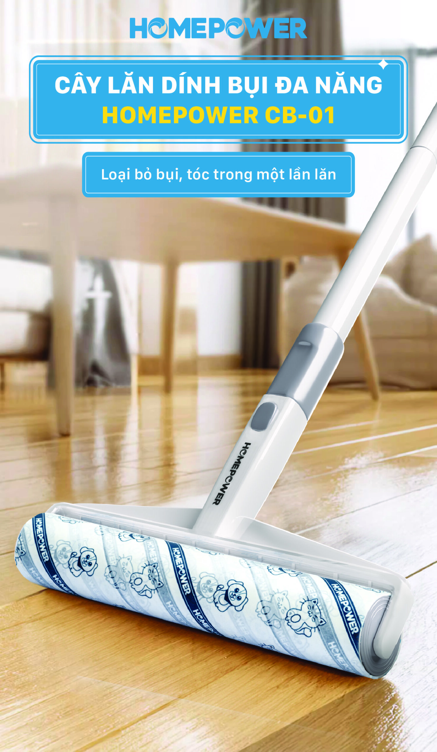 Cây lăn bụi sàn nhà 24cm cán dài CB-01 Homepower 60 tờ/cuộn - Keo siêu dính, kích thước lớn - ảnh mô tả 9