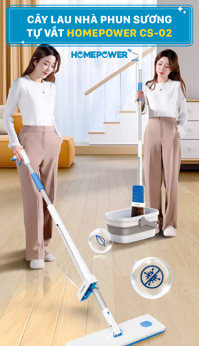 Cây Lau Nhà Phun Sương Tự Vắt Homepower CS-02 - Bông Lau Nâng Cấp Mẫu Mới 2025 - ảnh mô tả 1