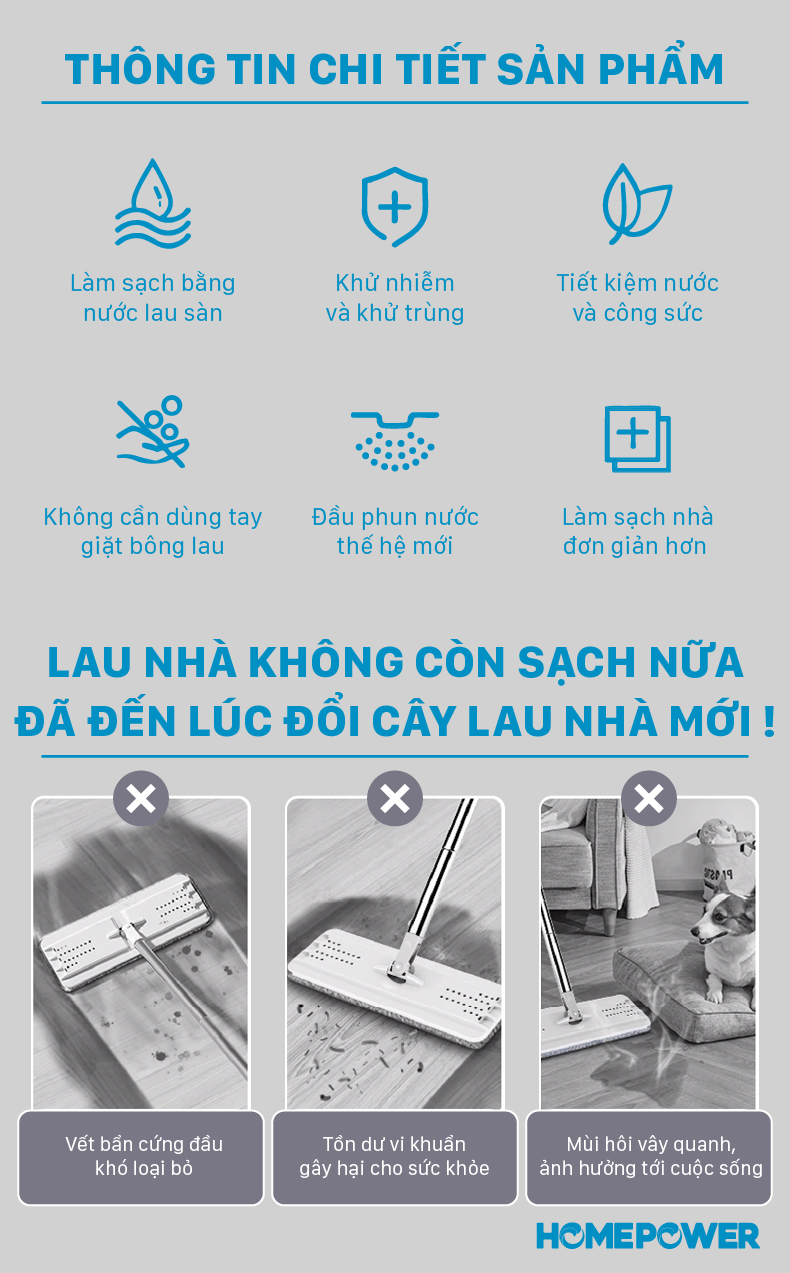 Cây Lau Nhà Phun Sương Tự Vắt Homepower CS-02 - Bông Lau Nâng Cấp Mẫu Mới 2025 - ảnh mô tả 2