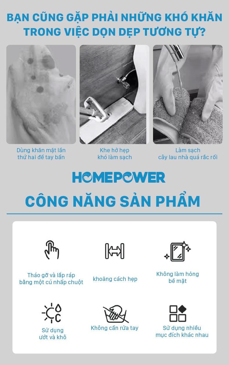 Cây Lau Kẹp Khăn Lau Nhà, Lau Bàn Bếp Không Cần Giặt Không Chạm Tay DS-01 Homepower Size 16cm - ảnh mô tả 2