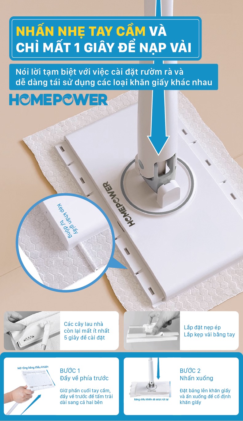 Cây Lau Kẹp Khăn Lau Nhà, Lau Bàn Bếp Không Cần Giặt Không Chạm Tay DS-01 Homepower Size 16cm - ảnh mô tả 7