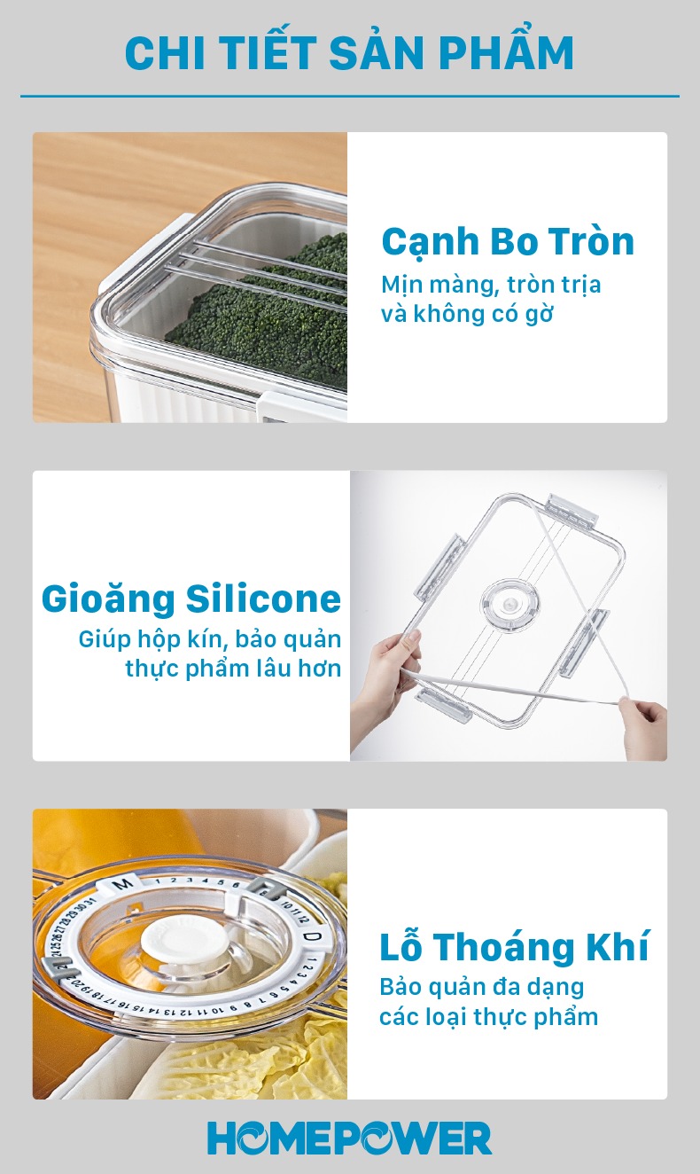 Hộp Nhựa Bảo Quản Thực Phẩm Tủ lạnh Homepower Tách Nước, Chia Ngăn, Có Lỗ Thoát Khí Cao Cấp - ảnh mô tả 11