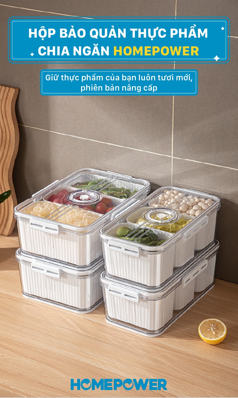 Hộp Nhựa Bảo Quản Thực Phẩm Tủ lạnh Homepower Tách Nước, Chia Ngăn, Có Lỗ Thoát Khí Cao Cấp - ảnh mô tả 4