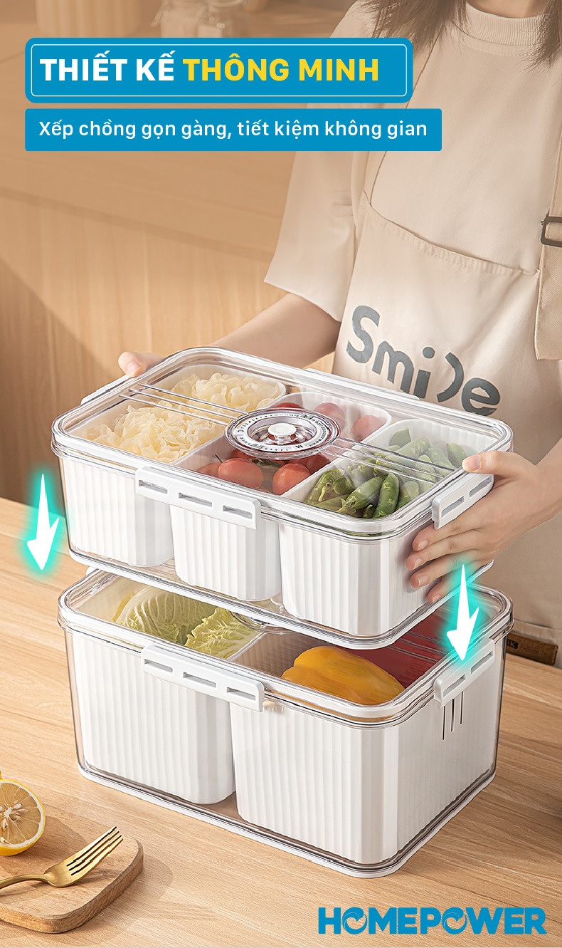 Hộp Nhựa Bảo Quản Thực Phẩm Tủ lạnh Homepower Tách Nước, Chia Ngăn, Có Lỗ Thoát Khí Cao Cấp - ảnh mô tả 6