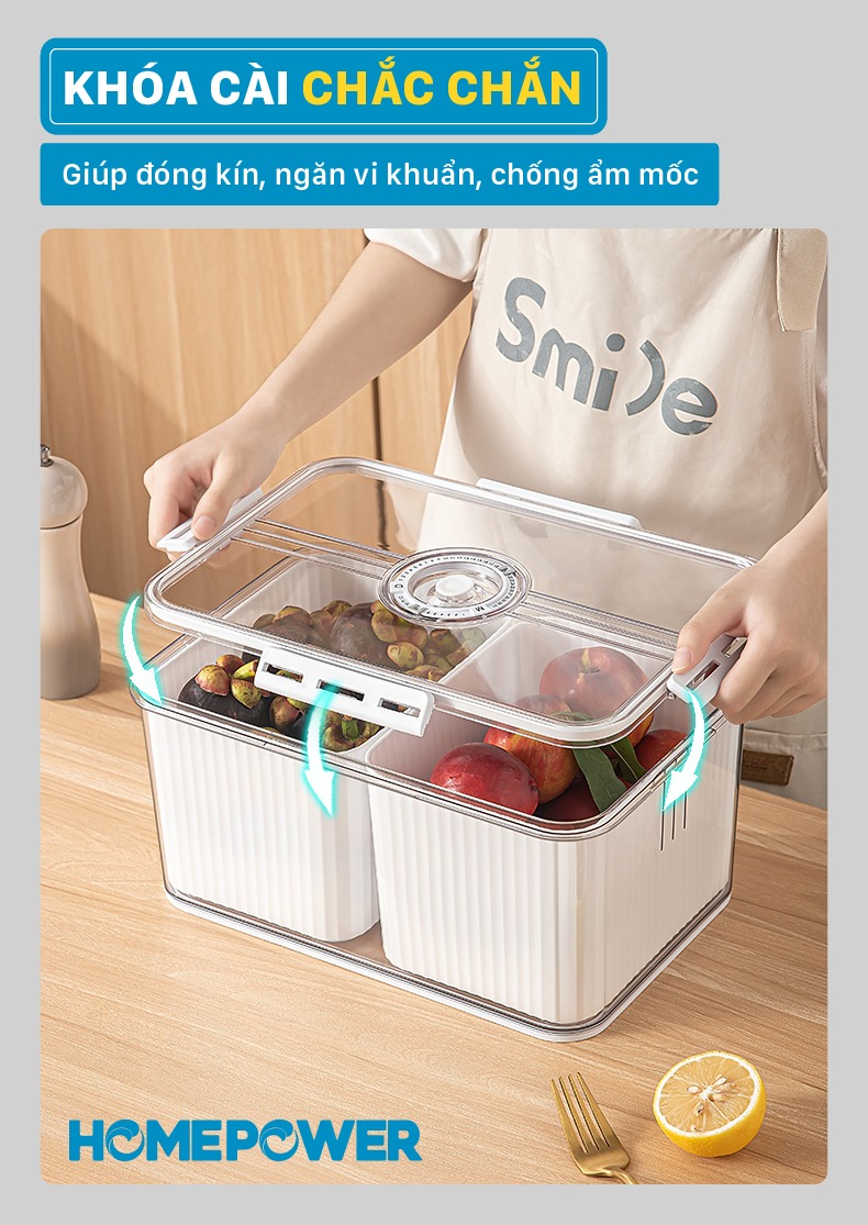 Hộp Nhựa Bảo Quản Thực Phẩm Tủ lạnh Homepower Tách Nước, Chia Ngăn, Có Lỗ Thoát Khí Cao Cấp - ảnh mô tả 7