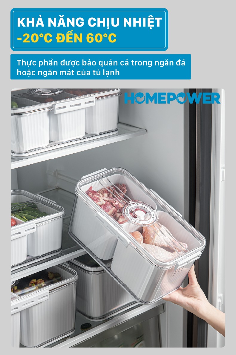 Hộp Nhựa Bảo Quản Thực Phẩm Tủ lạnh Homepower Tách Nước, Chia Ngăn, Có Lỗ Thoát Khí Cao Cấp - ảnh mô tả 9