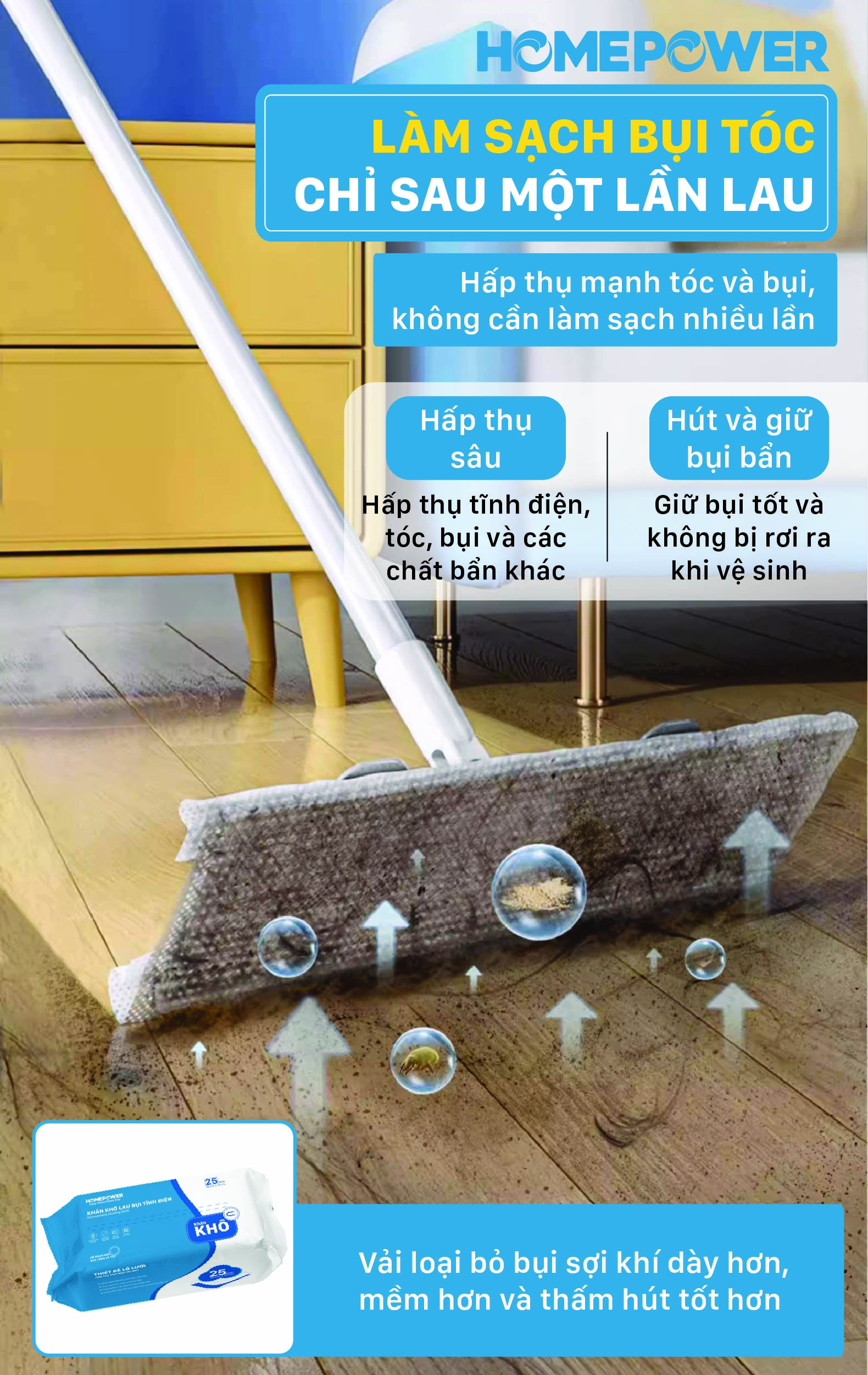 Combo 6 bịch khăn lau sàn sử dụng 1 lần kích thước 39x18cm cho cây lau kẹp khăn CS-03, DS-02 Homepower - ảnh mô tả 1