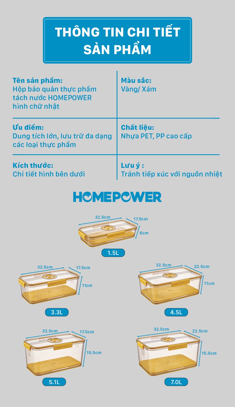Hộp Nhựa Đựng Thực Phẩm Cao Cấp Homepower - Khay Lót Đáy Tách Nước - ảnh mô tả 12