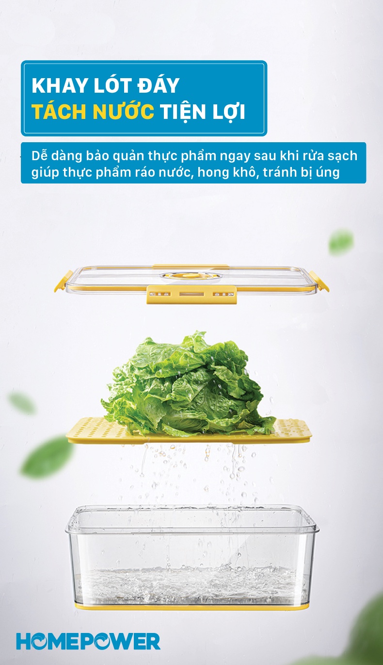 Hộp Nhựa Đựng Thực Phẩm Cao Cấp Homepower - Khay Lót Đáy Tách Nước - ảnh mô tả 7